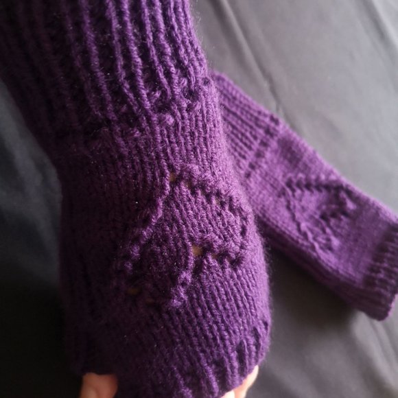 Purple Handmade Valentines Ajour Knit Fingerless Texting Gloves Mittens - Picture 5 of 7